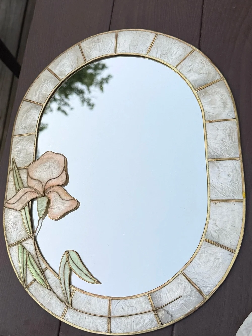 Vintage Mother Of Pearl Iris Flower Mirror/ White & peachy/ 14” 11” art deco